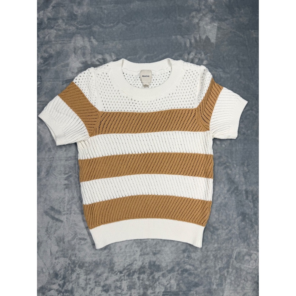 Maeve Anthropologie Striped Pointelle Knit Short Sleeve Sweater Brown White S
